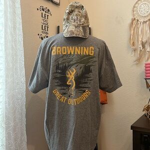 Men’s Browning tee shirt w/buck graphic on back. Browning on front. Hat NOT incl